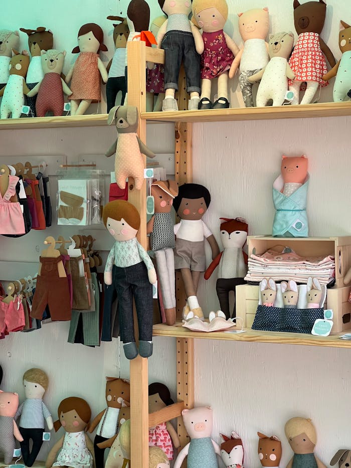 A vibrant display of handcrafted dolls on wooden shelves in a cozy shop setting.